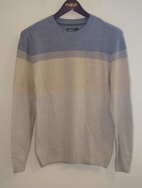 Commerce Men's Blue and Cream Crewneck Sweater Size M